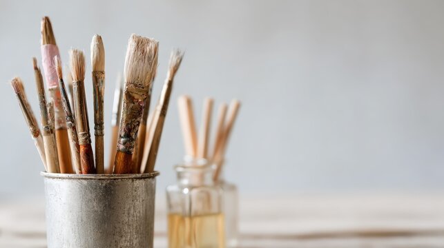 Paintbrushes in Metal Holder with Glass Jar on Wooden Surface for Artistic Creations