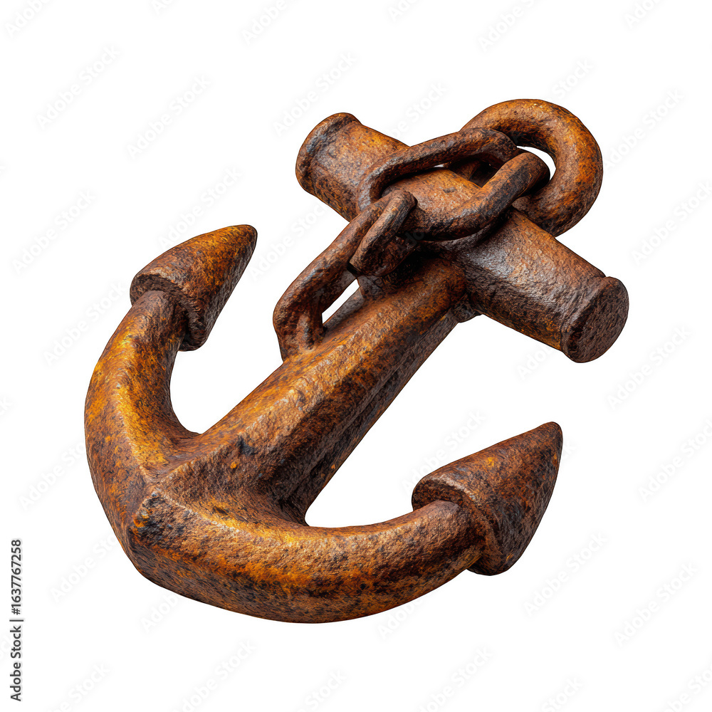 Poster a detailed close up of a weathered rusty anchor with a thick chain attached isolated on a transparen