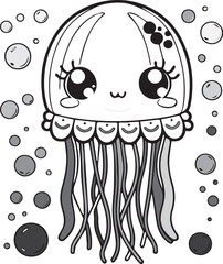 Cute kawaii jellyfish with big eyes and bubbles illustration