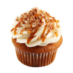 Delicious caramel cupcake with creamy frosting and crunchy topping isolated on transparent background