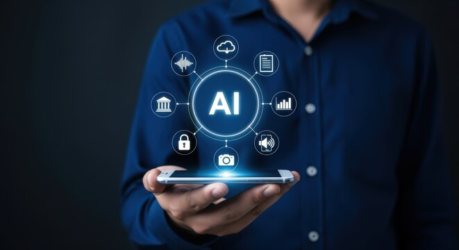 Artificial Intelligence: Modern Technology Concepts with Man Holding Smartphone Displaying AI Circle Icons - Powered by Adobe