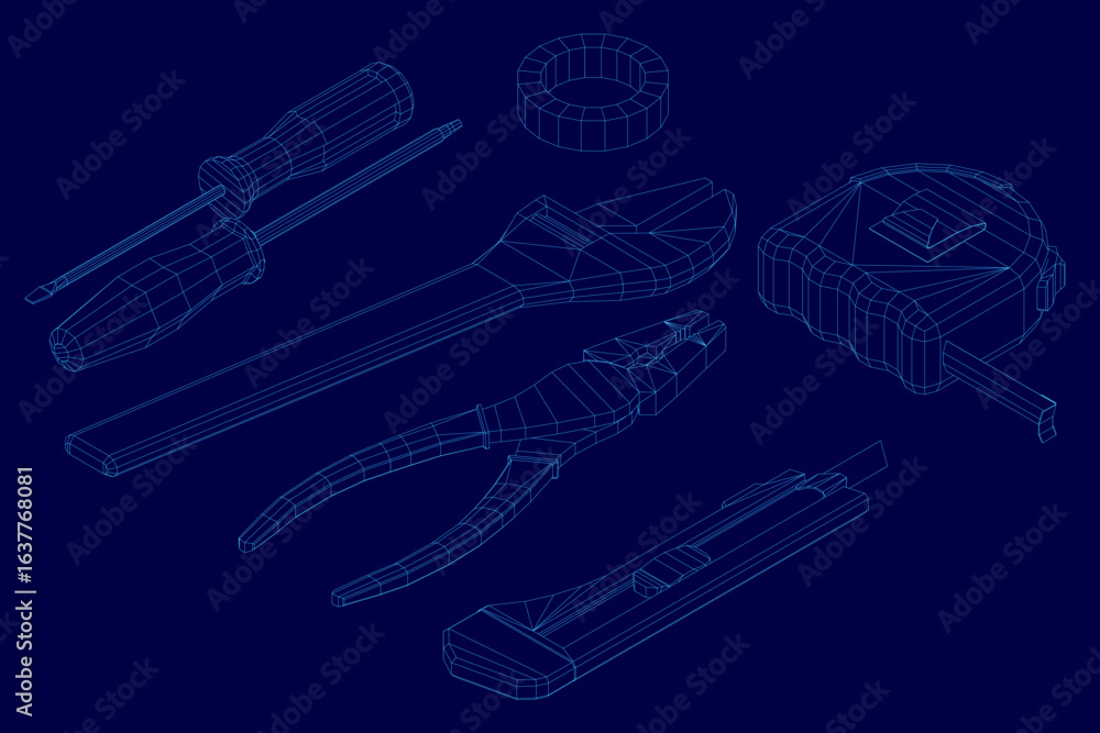 Poster a 3d wireframe model of a tool pack displays detailed blueprints on a solid blue background. the des
