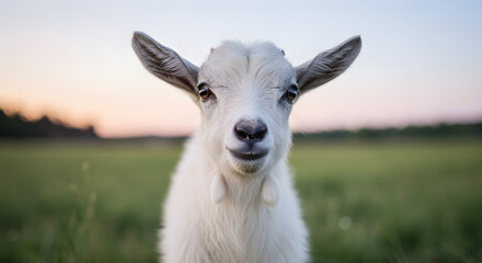 Obraz premium Enchanting portrait of a curious young goat against a backdrop of tranquil farmland and soft