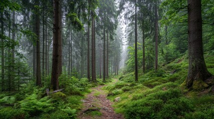 Fototapeta premium Lush Green Forest Path with Tall Trees and Mossy Ground, Ideal for Nature Backgrounds and Outdoor Adventures