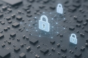 Cybersecurity Technology Concept: Digital Padlocks Over Circuit Board Representing Data Protection and Network Security