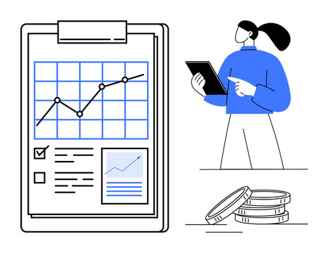 Professional analyzing a tablet while referencing a performance chart on a clipboard. Coins signify financial growth. Ideal for finance, business strategy, analysis, economic trends, reporting