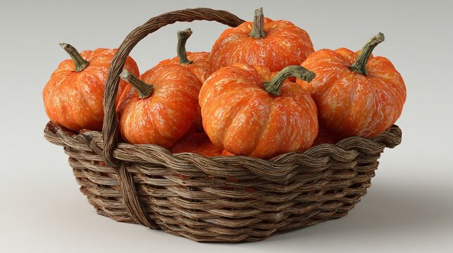 Orange pumpkins in a wicker basket for autumn harvest season on white background