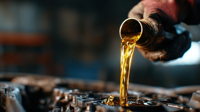 A close-up of golden oil being poured into an engine component, highlighting the importance of maintenance and lubrication in machinery operation for longevity and performance.