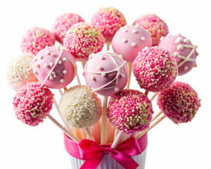 Sweet pink cake pops bouquet with white drizzle and sprinkles on white background PNG.AI Generated
