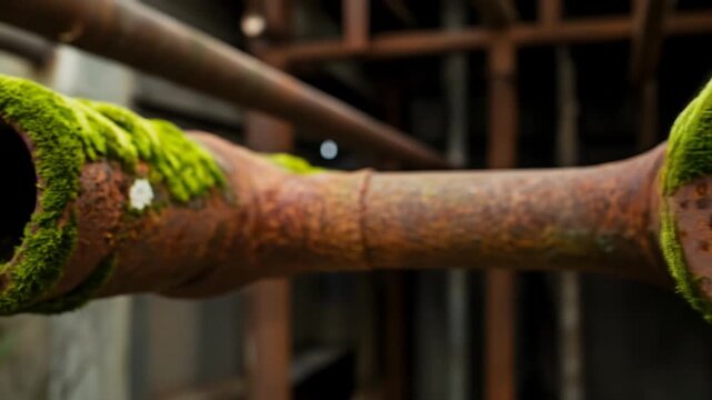 Rusty pipe section with moss growth
