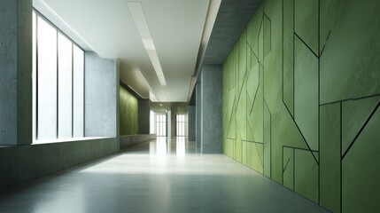 Fototapeta premium Modern Interior Design Hallway with Geometric Green Wall and Natural Light from Large Windows