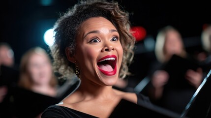 An enthusiastic female singer passionately performs on stage, her joyful expression vividly captured, surrounded by a choir, creating an energetic and uplifting musical atmosphere.