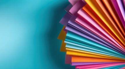 A vibrant array of fanned paper sheets showcasing a rainbow of colors against a smooth turquoise backdrop, highlighting creativity and artistic expression.