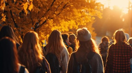 Autumn college students walking on campus at sunset, diverse young people with backpacks enjoying golden hour, cinematic back to school university lifestyle, warm fall season outdoor atmosphere - Powered by Adobe
