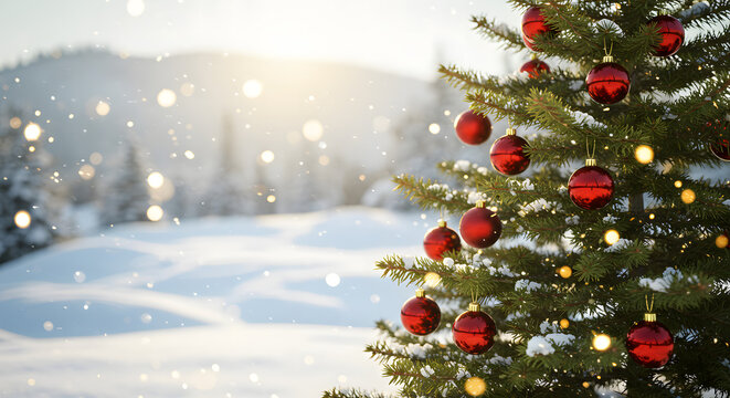 Christmas vibe with tree, snow, lighting