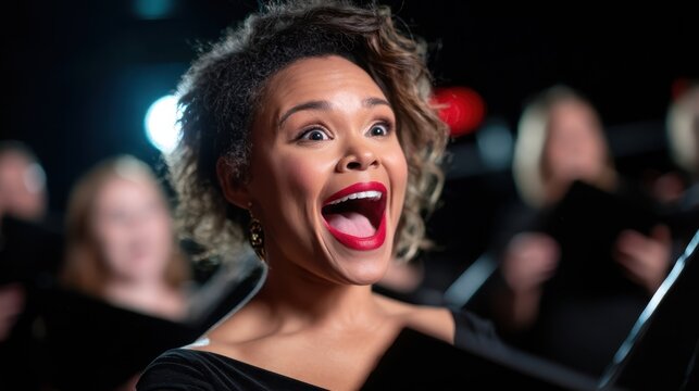 An enthusiastic female singer passionately performs on stage, her joyful expression vividly captured, surrounded by a choir, creating an energetic and uplifting musical atmosphere. - Powered by Adobe