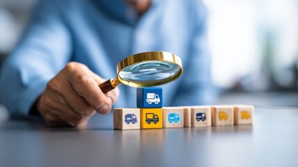 Logistics Management: Person Inspecting Supply Chain Wooden Blocks with Delivery Truck Icons Using Magnifying Glass