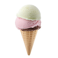 Triple scoop ice cream cone with vanilla, strawberry, and chocolate flavors isolated on transparent background