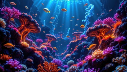 Massive coral reef with neon circuitry growing along coral branches