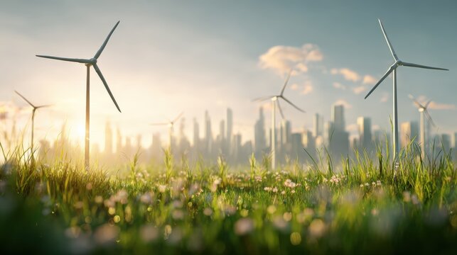 Sustainable Energy Landscape: Wind Turbines Overlooking Cityscape at Sunset, Embracing Green Technology and Renewable Resources