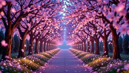 Pathway lined with luminous digital cherry blossom trees, petals dissolving into streams of light