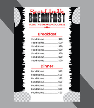 Menu design, special healthy breakfast food menu, and business menu flyer templates.