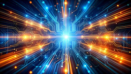 Abstract digital circuitry with glowing orange and blue lines converging at a central point, creating a sense of depth and speed