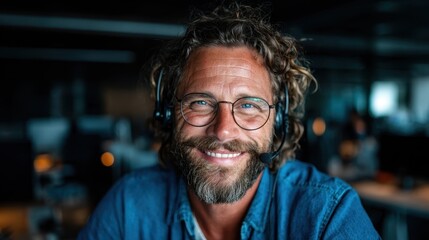 A happy man with curly hair and glasses wears a headset while smiling in a modern office space, showcasing a sense of professionalism, approachability, and workplace positivity.