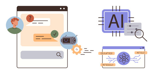 AI chat interface with messages, user avatar, and processing components thumbs up circuits and algorithms. Ideal for AI development, chatbot integration, machine learning, automation, innovation