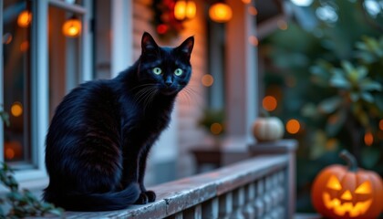 A black cat with glowing green eyes sitting on a porch rail next to a carved jack o' lantern