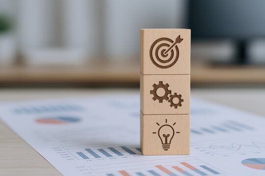 Wooden Blocks Stacked with Target, Gears, and Lightbulb Icons on a Financial Chart