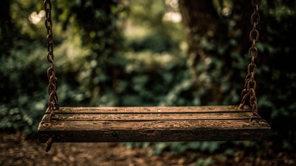 Empty Wooden Swing Suspended by Chains in a Tranquil, Moody Forest Setting, Evoking Nostalgia and Serenity