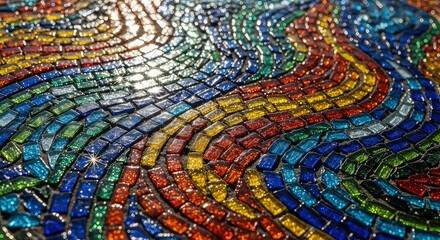 A Luminous Swirl of Rainbow Glass Mosaic Tiles Glistening in Bright Sunlight