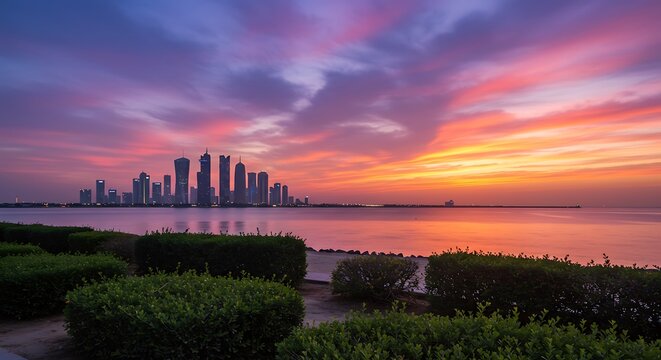 Beautiful capture of a view of the sunset on the coast in doha, qatar