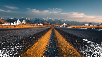 Empty asphalt road with yellow lines leading to snow capped mountains highway driving