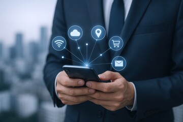 Businessman Using Smartphone with Digital Icons Representing Cloud Computing, GPS, E-commerce, and Communication