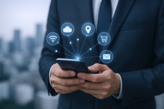 Businessman Using Smartphone with Digital Icons Representing Cloud Computing, GPS, E-commerce, and Communication