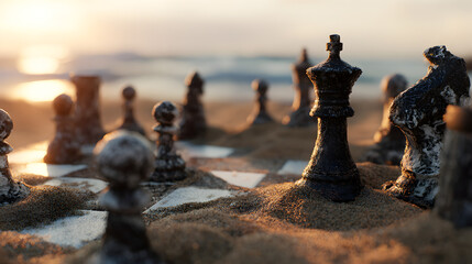 A chess game set on a sandy surface with the ocean and sunset in the blurred background at golden hour