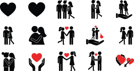 Collection of love and romance icons featuring stick figure couples in various relationships poses and heart symbols for graphic design