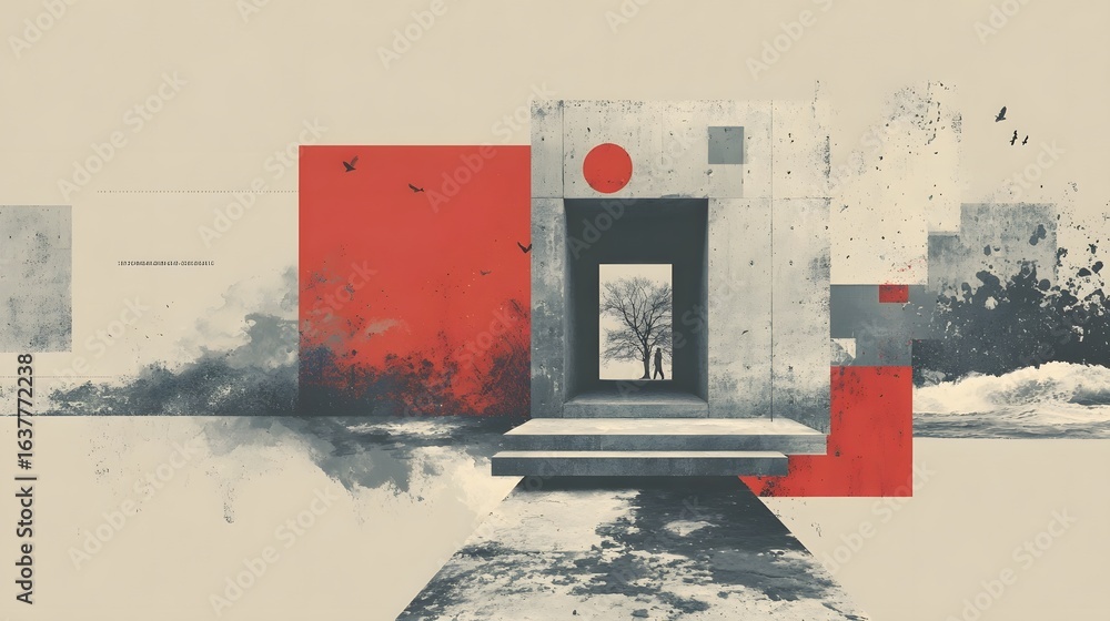 Poster a serene and contemplative architectural composition featuring a modern building with clean lines ge