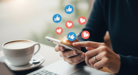Woman Interacting with Social Media Icons on Her Smartphone While Enjoying Coffee, Demonstrating Online Engagement