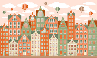 Children's illustration of cute green, orange and beige Swedish-style houses and air balloons. Seamless horizontal pattern of a city street in summer.