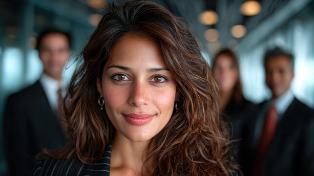 A confident woman stands in a stylish office setting, exuding professionalism and warmth, flanked by colleagues in blurred background showcasing teamwork and collaboration.