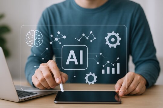 Artificial Intelligence Concept: Man Interacting with AI Interface on Tablet for Smart Solutions and Automation