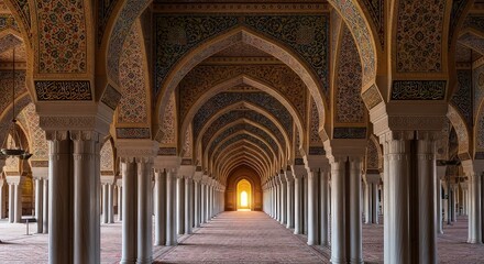 A Majestic Hall of Ornate Islamic Arches and Pillars Leading to a Distant Golden Light.
