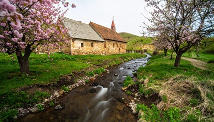 Obraz premium Old stone buildings and castles in a green mountain landscape during spring