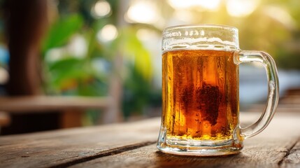 Refreshing Beer in Glass Mug on Wooden Table, Perfect for Summertime Relaxation