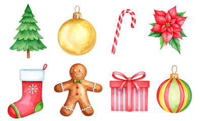 Set of Christmas icons isolated on transparent background. Watercolor illustration. 