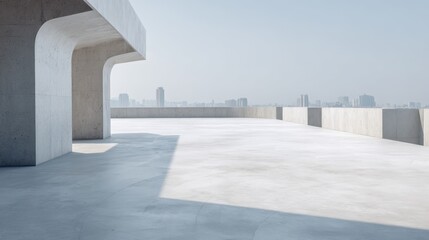 Obraz premium Modern Architecture Rooftop Overlooking Cityscape on a Sunny Day, Minimalist Concrete Design