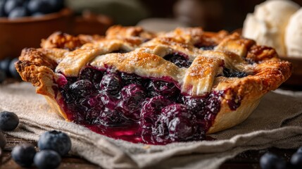 Rustic Blueberry Pie: A delectable blueberry pie with a golden, flaky crust, showcasing a juicy interior, evoking warmth and nostalgia of home-baked goodness.